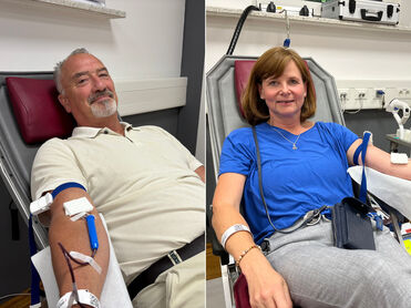 BAUR-Geschäftsführer Stephan P. Elsner und Burgkunstadts zweite Bürgermeisterin Susanne Bock von Wülfingen beim Blutspendeaktionstag der BAUR-Gruppe