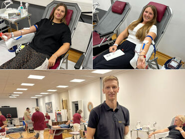 Unter den 11 Erstspender*innen finden sich BAUR-Kolleg*innen: Lara Ötter (Unternehmenskommunikation; o. l.), Assistentin Svende Böhm (o. r.) und Harald Fiedler aus dem Bereich Facilities & Support Services